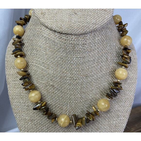 Vintage Tigers Eye Chip & Agate Beaded Necklace 17” L - Picture 2 of 8